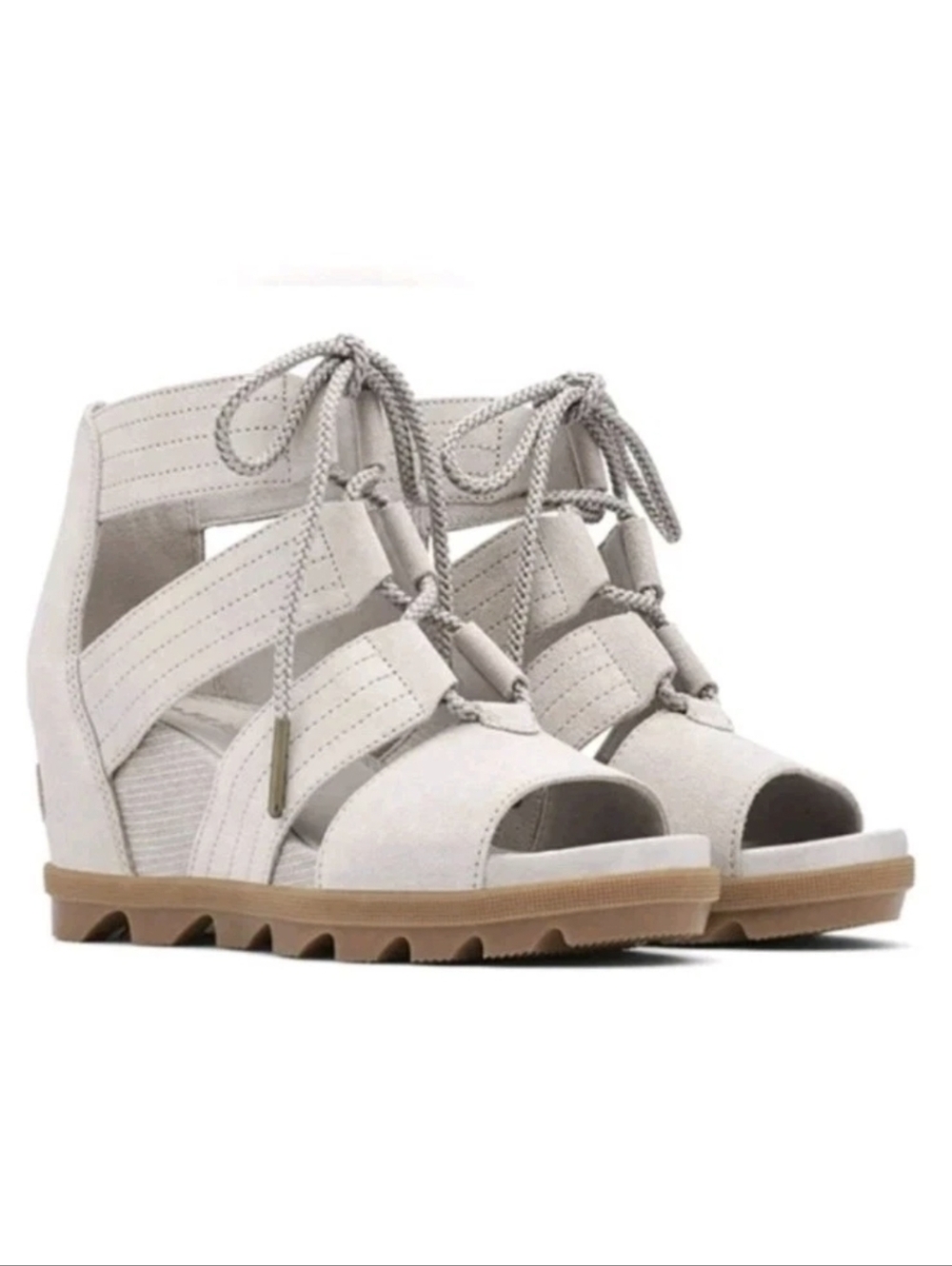 Sorel Joanie II Wedge Sandals Heel Lace Up Taupe Leather Strappy Women's Sz 6.5